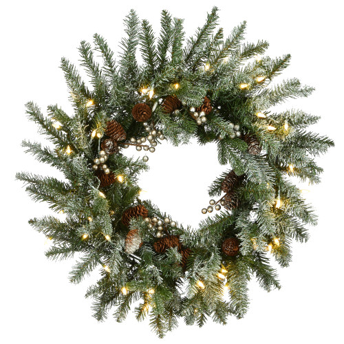 Pre-Lit Snowy Morgan Spruce Artificial Christmas Wreath, 24-Inch, White LED Lights - IMAGE 1