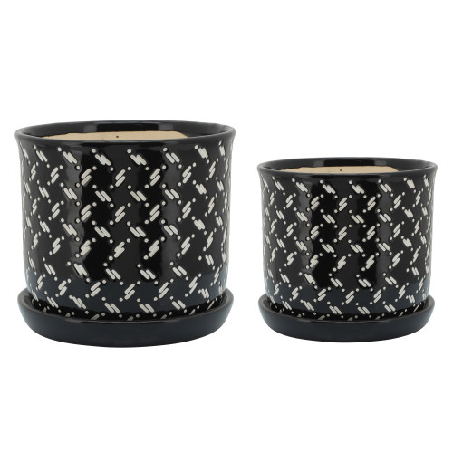 Dots Ceramic Planters with Saucers - 8" - Black and White - Set of 2 - IMAGE 1