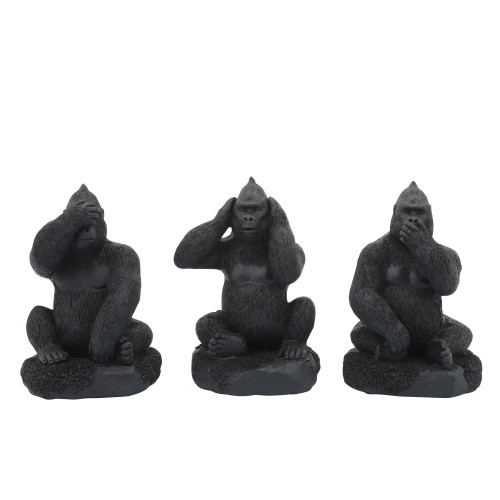 Set of 3 Black No Evil Gorillas Tabletop Figurines 6" - IMAGE 1
