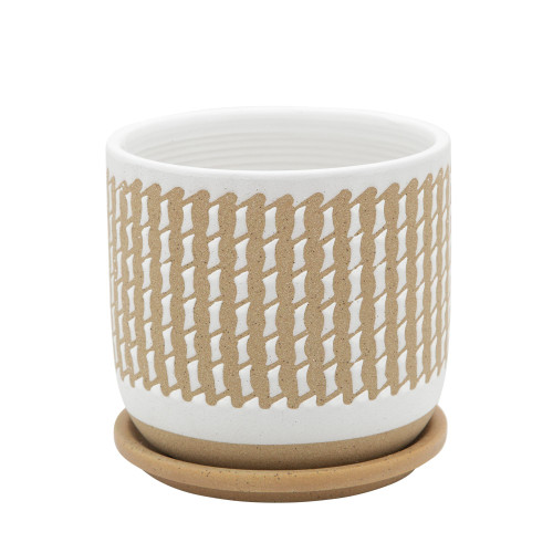 6" Brown and White Wave Ceramic Planter with Saucer - IMAGE 1