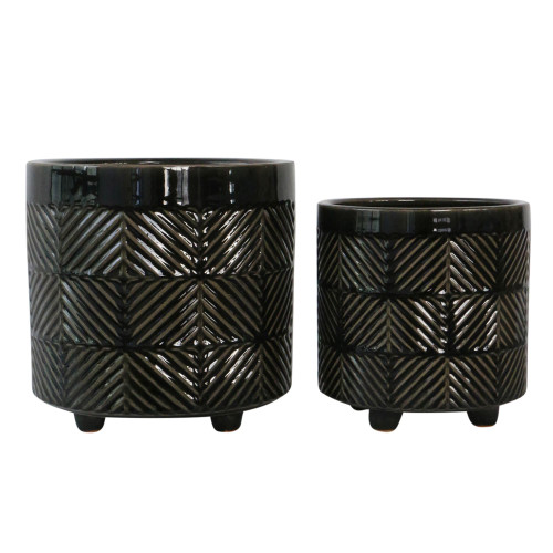 Shiny Textured Footed Ceramic Planters - 8" - Black - Set of 2 - IMAGE 1