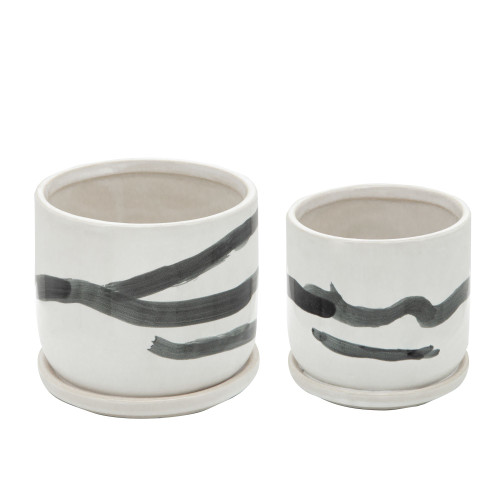 Painted Ceramic Planters with Saucers - 5.5" - White and Black - Set of 2 - IMAGE 1