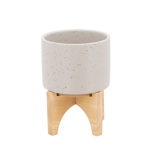 Matte Finish Ceramic Planter on Stand - 7" - Beige and Brown - IMAGE 1
