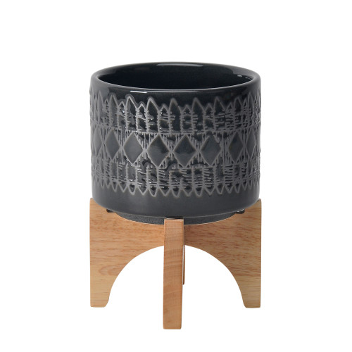 Ceramic Aztec Planter on Stand - 6" - Black and Brown - IMAGE 1