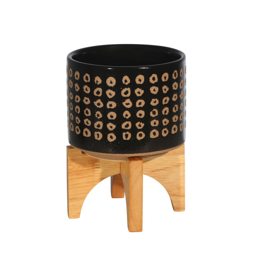 Hand Painted Ceramic Planter on Stand - 7" - Black and Brown - IMAGE 1
