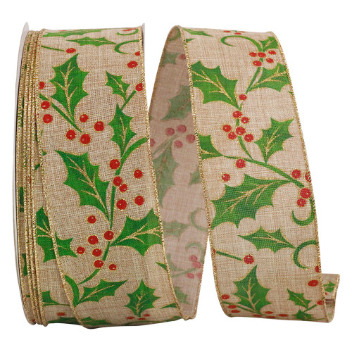 Green Holly Leaves and Red Berries Linen Wired Edge Craft Ribbon 2.5" x 50 Yards - IMAGE 1
