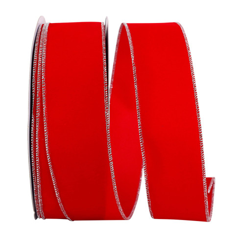 Red and Silver Velvet Wired Edge Craft Ribbon 2.5-Inch x 50 Yards - IMAGE 1
