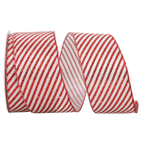 Red and White Candy Cane Diagonal Stripe Wired Edge Craft Ribbon 2.5" x 20 Yards - IMAGE 1