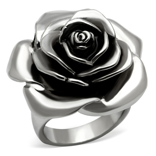 Stainless Steel Flower Shaped Women's Ring with Black Jet Epoxy - Size 6 - IMAGE 1