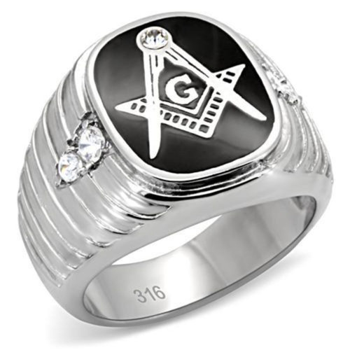 Stainless Steel Men's Masonic Design Ring with Black Epoxy and Clear Crystals - Size 10 (Pack of 2) - IMAGE 1