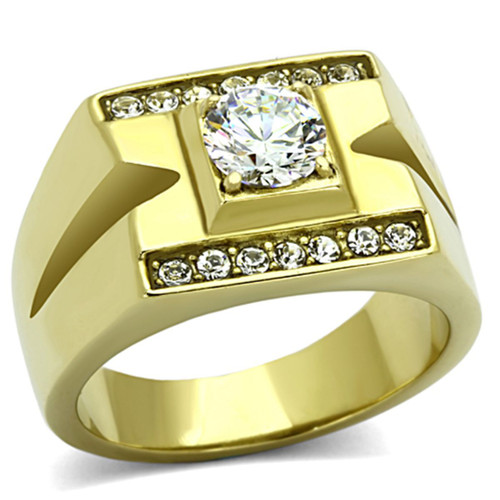 Men's Gold Ion Plated Stainless Steel Ring with CZ Stones - Size 8 - IMAGE 1