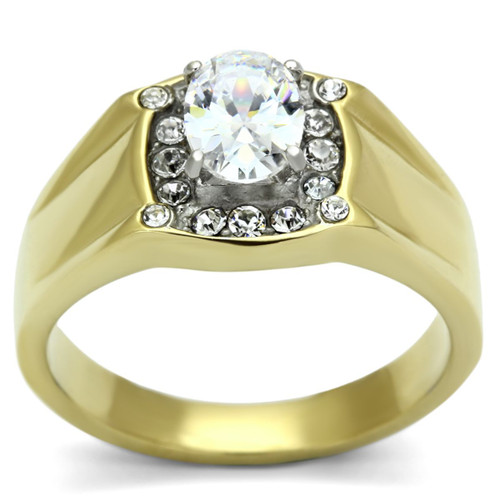 Men's Two Tone Gold Ion Plated Stainless Steel Ring with Oval CZ - Size 8 - IMAGE 1