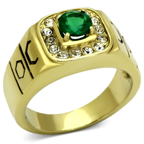 Men's Gold IP Stainless Steel Ring with Emerald Green Synthetic Glass Stone - Size 8 (Pack of 2) - IMAGE 1