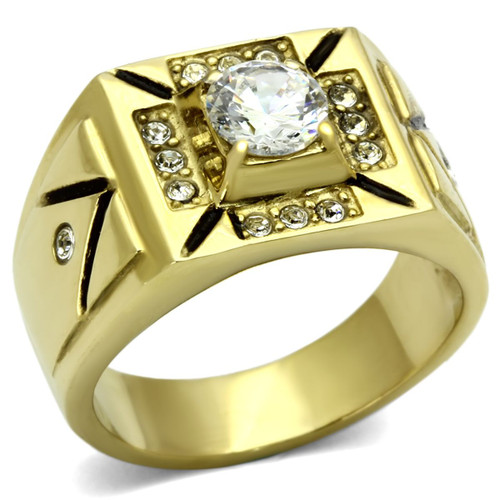 Men's Gold Ion Plated Stainless Steel Ring with Round Cubic Zirconia Stones - Size 12 - IMAGE 1