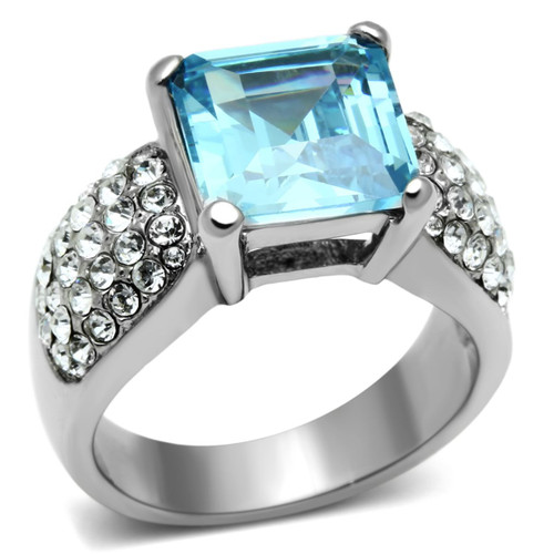 Women's High Polished Stainless Steel Ring with Sea Blue Crystals - Size 9 - IMAGE 1