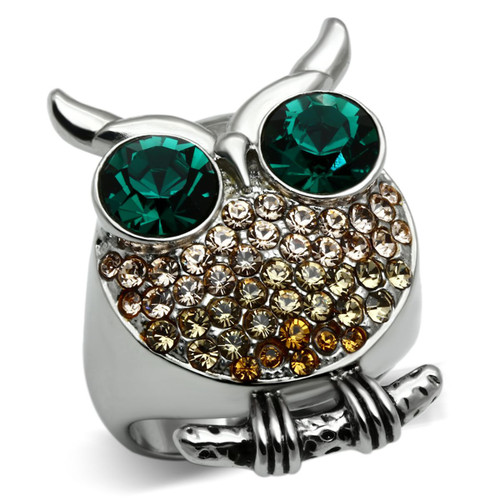 Women's High Polished Stainless Steel Owl Shaped Ring with Emerald Crystals - Size 8 - IMAGE 1