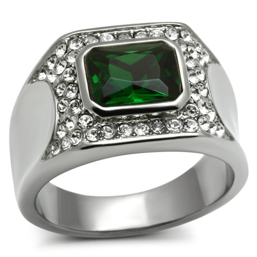 Stainless Steel Men's Ring with Emerald Synthetic Glass Stones - Size 11 - IMAGE 1