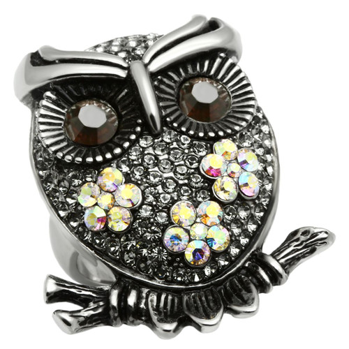 Women's Stainless Steel Owl Shaped Ring with Smoked Quartz Crystals - Size 9 - IMAGE 1