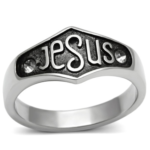 Unisex Stainless Steel "Jesus" Ring with Clear Crystals - Size 10 (Pack of 2) - IMAGE 1