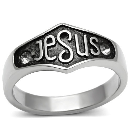 High Polished Stainless Steel "Jesus" Unisex Ring with Top Grade Crystals - Size 5 (Pack of 2) - IMAGE 1