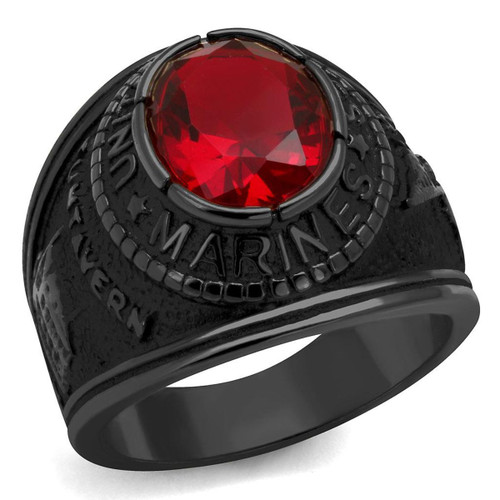 Men's Black IP Stainless Steel Marines Ring with Siam Synthetic Glass Stone - Size 14 - IMAGE 1