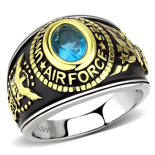 IP Gold Air Force Stainless Steel Unisex Ring with Sea Blue Synthetic Glass - Size 13 - IMAGE 1