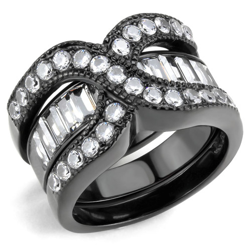 2-Piece Black IP Stainless Steel Women's Ring Set with Cubic Zirconia, Size 9 - IMAGE 1