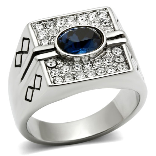 Men's Stainless Steel Ring with Montana and Clear Crystals - Size 8 - IMAGE 1