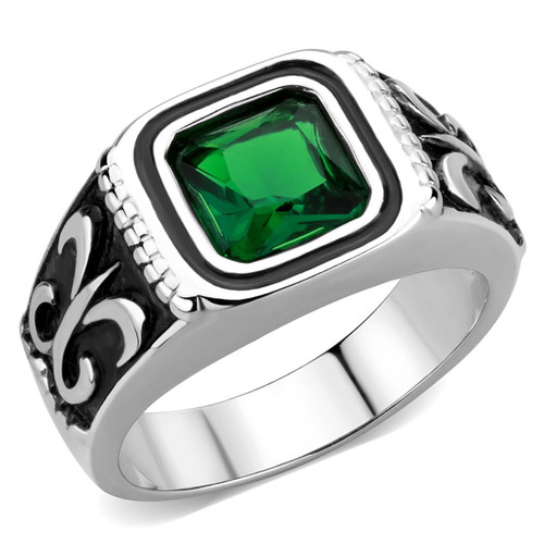 Stainless Steel Men's Ring with Emerald Synthetic Glass Stone - Size 9 (Pack of 2) - IMAGE 1