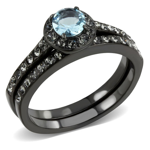 2-Piece Women's Stainless Steel Wedding Ring Set with Sea Blue Synthetic Stone, Size 9 - IMAGE 1