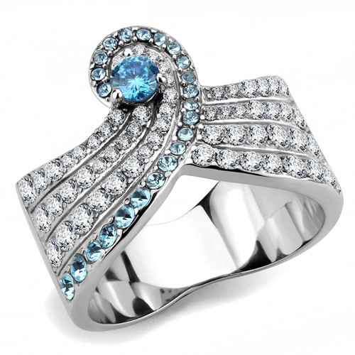 Women's Stainless Steel Ring with Sea Blue Cubic Zirconia - Size 6 - IMAGE 1