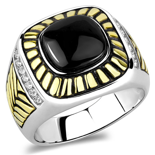Men's Ion Plated Gold Stainless Steel Ring with Black Jet Synthetic Onyx - Size 8 - IMAGE 1