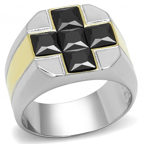 Men's Two Tone Ion Plated Gold Stainless Steel Ring with Black Diamond CZ - Size 9 (Pack of 2) - IMAGE 1
