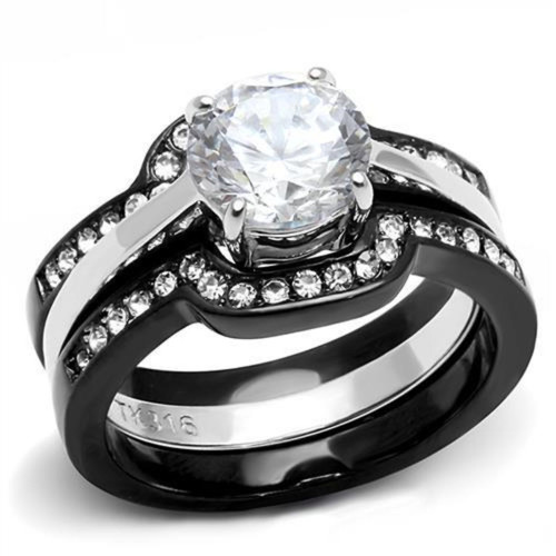3-Piece Women's Two Tone Black Ion Plated Stainless Steel Wedding Ring Set with CZ, Size 10 - IMAGE 1