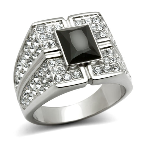 Stainless Steel Men's Ring with Jet Black Synthetic Glass Stone - Size 10 - IMAGE 1