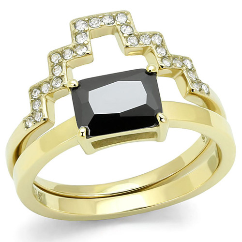 2-piece Women's Gold Ion Plated Stainless Steel Ring with Black Diamond CZ Stone - Size 7 - IMAGE 1