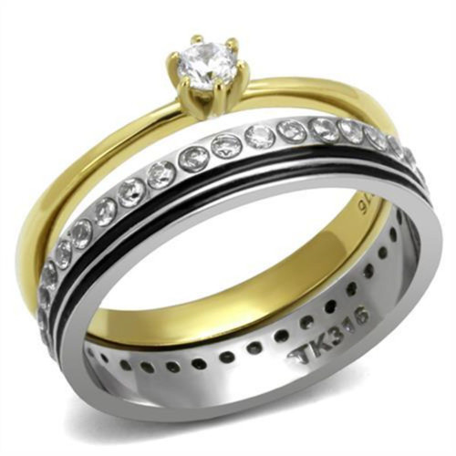 2-Piece Women's Two Tone Gold IP Stainless Steel Wedding Ring Set with Cubic Zirconia, Size 9 - IMAGE 1