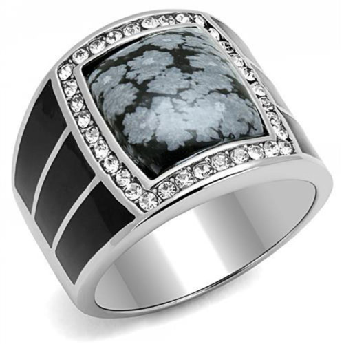 Men's Stainless Steel Ring with Black Jet Snowflake Obsidian Semi Precious Stone - Size 10 - IMAGE 1