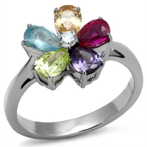 Women's Stainless Steel Flower Shaped Ring with Multi Color Cubic Zirconia Stones, Size 7 (Pack of 2) - IMAGE 1