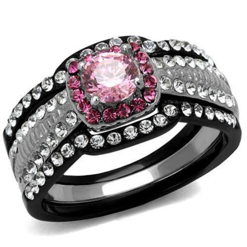 3-Piece Women's Black IP Stainless Steel Wedding Ring Set with Light Rose CZ, Size 8 - IMAGE 1