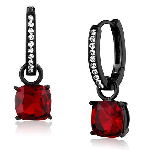 Women's IP Black Stainless Steel Hoop Earrings with Siam Synthetic Glass and Clear Stones - IMAGE 1