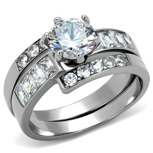 2-Piece Women's Stainless Steel Wedding Ring Set with AAA Grade Cubic Zirconia, Size 9 - IMAGE 1