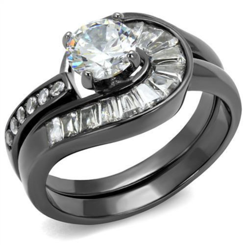 2-Piece Women's Light Black IP Stainless Steel Wedding Ring Set with CZ Stones, Size 9 - IMAGE 1