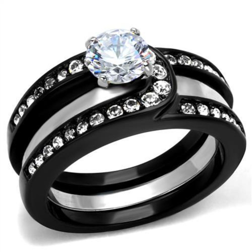 2-Piece Two-Tone Black IP Stainless Steel Wedding Ring Set with Clear CZ Stones, Size 6 - IMAGE 1