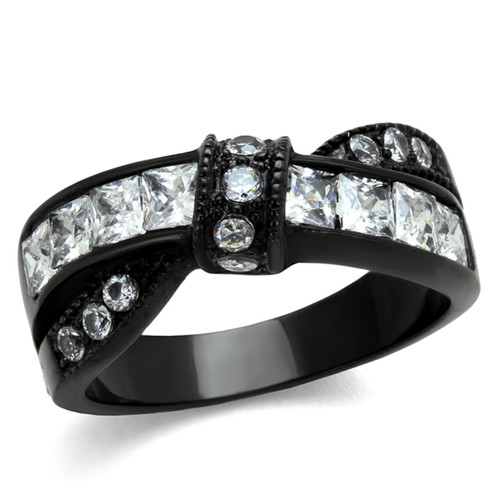 Women's Black Ion Plated Stainless Steel Ring with Square Cubic Zirconia - Size 7 - IMAGE 1