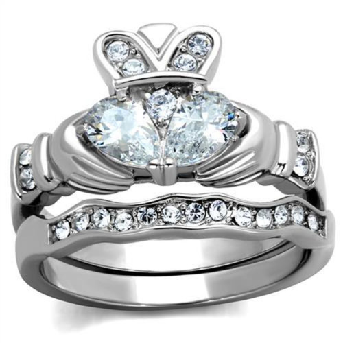 2-Piece Women's Stainless Steel Wedding Claddagh Ring Set with CZ Stones, Size 5 (Pack of 2) - IMAGE 1