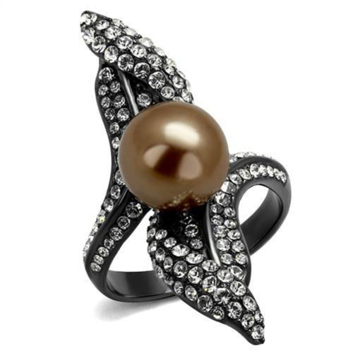 Women's Light Black IP Stainless Steel Ring with Brown Synthetic Pearl, Size 8 - IMAGE 1