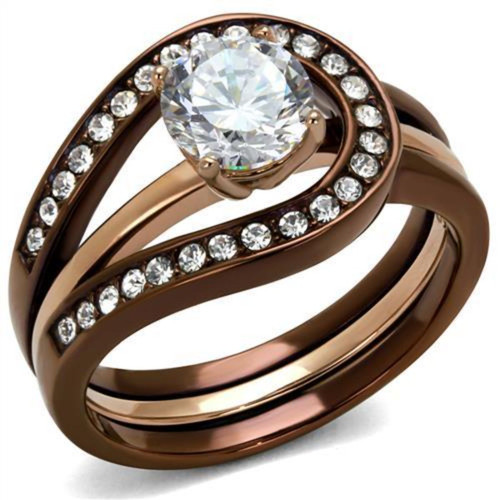 2-Piece Women's Rose Gold and Brown IP Stainless Steel Wedding Ring Set with CZ, Size 10 - IMAGE 1