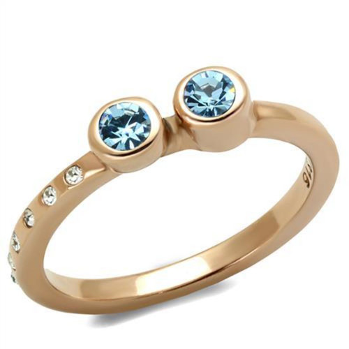 Women's Rose Gold Ion Plated Stainless Steel Ring with Sea Blue Crystals, Size 7 (Pack of 2) - IMAGE 1