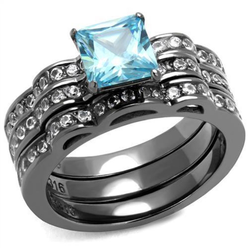 Set of 3 Women's Light Black IP Stainless Steel Wedding Ring with Sea Blue CZ Stones, Size 10 - IMAGE 1